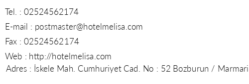 Hotel Melisa telefon numaralar, faks, e-mail, posta adresi ve iletiim bilgileri